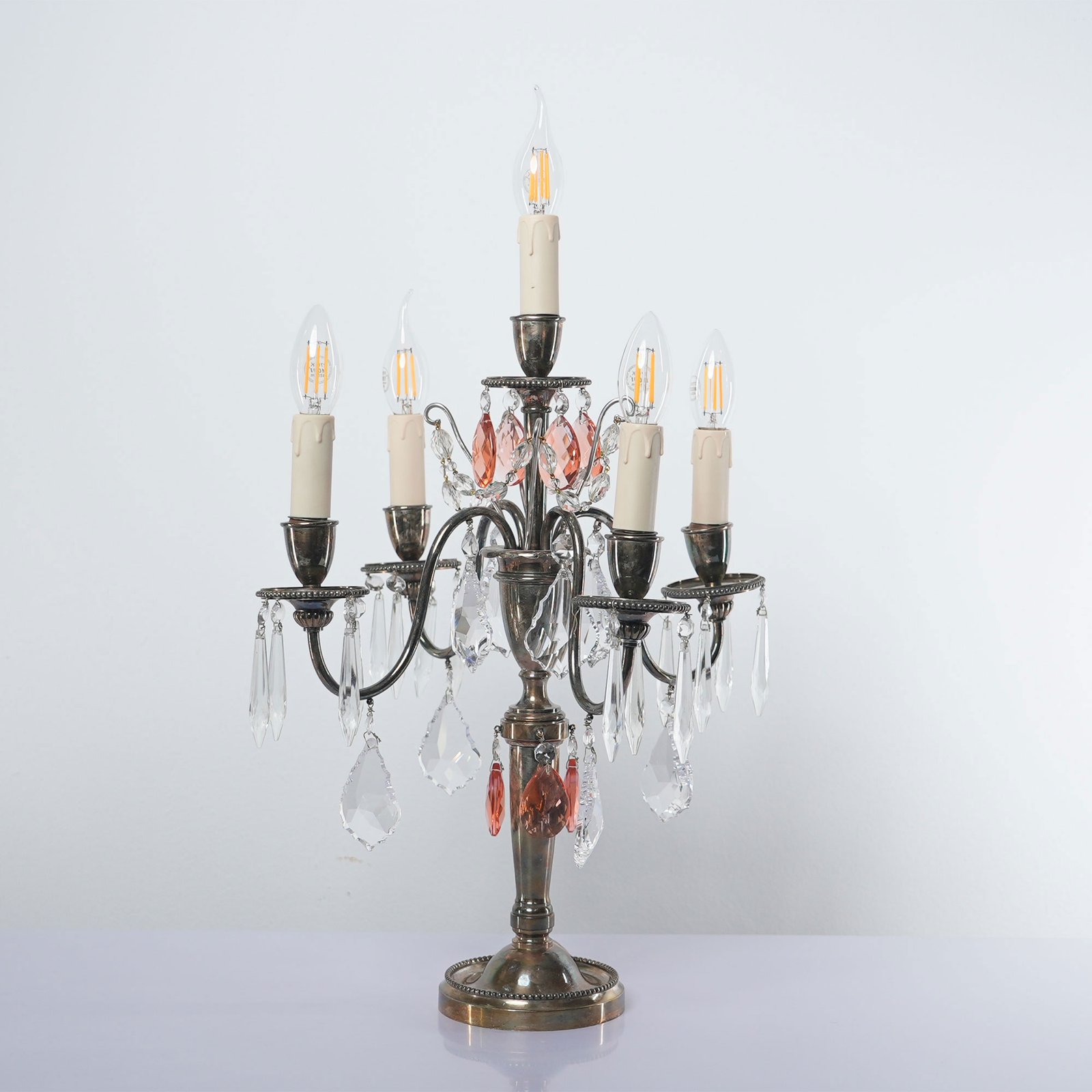Pair of French Silver-Plated Girandole Candelabra Lamps France, Circa 1920