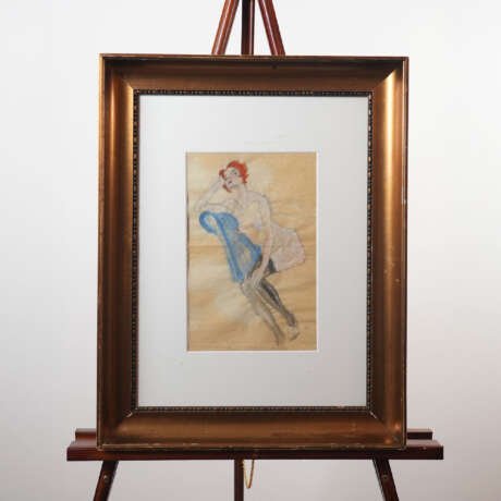 Gora Gouache Painting of Seated Woman – Framed Contemporary Figurative Artwork