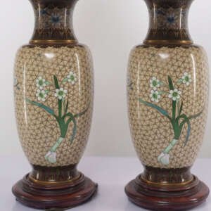 Pair of Antique Chinese Cloisonné Enamel Vases Mounted as Table Lamps (c. 1850–1890)