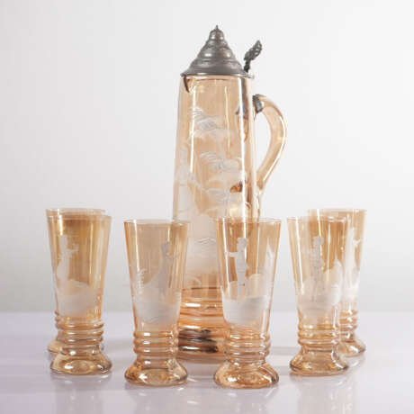 Mary Gregory Amber Glass Set with Pewter Lid Pitcher Central Europe, Circa 1880