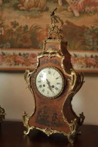 Antique French Vernis Martin Mantel Clock, Japy Frères Movement, c. 1880