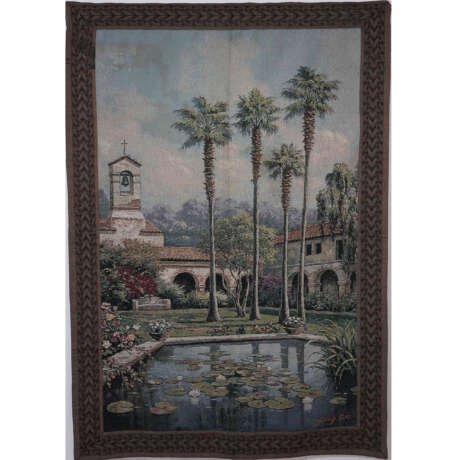 Sung Kim "Serene Mission Courtyard" Printed Wall Tapestry, Circa 1960
