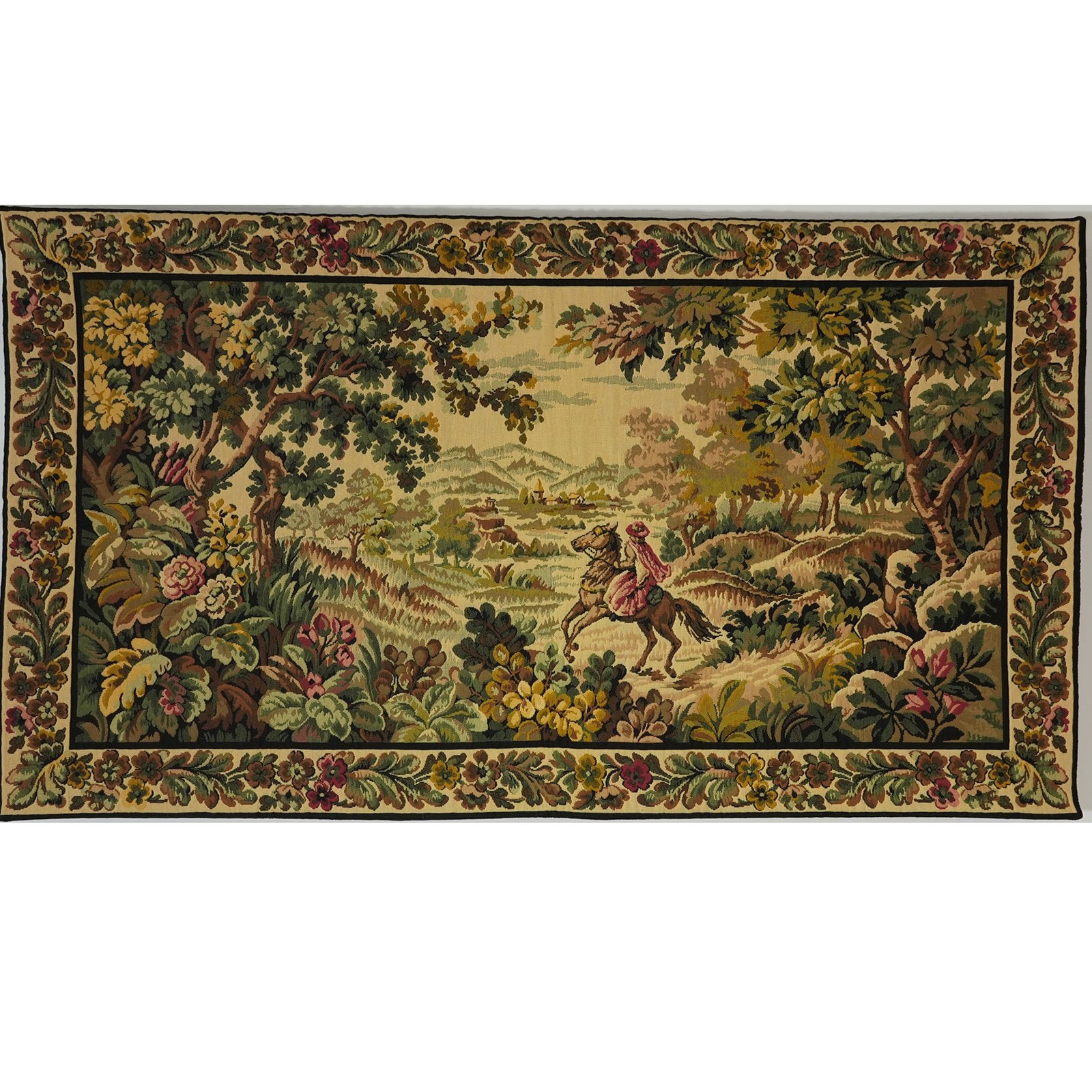 Vintage French Verdure Tapestry Wall Hanging – Cavalier & Village Pastoral Scene, Mid-20th Century