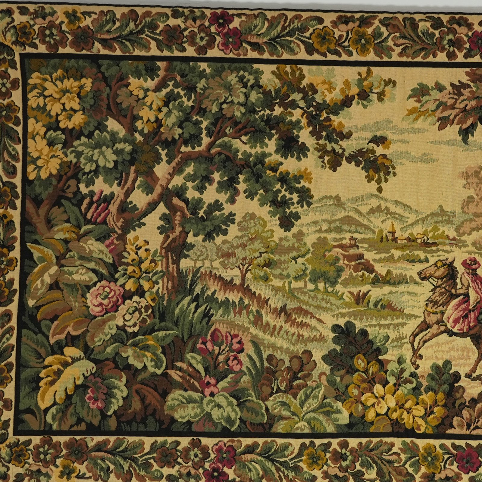 Vintage French Verdure Tapestry Wall Hanging – Cavalier & Village Pastoral Scene, Mid-20th Century – photo 5